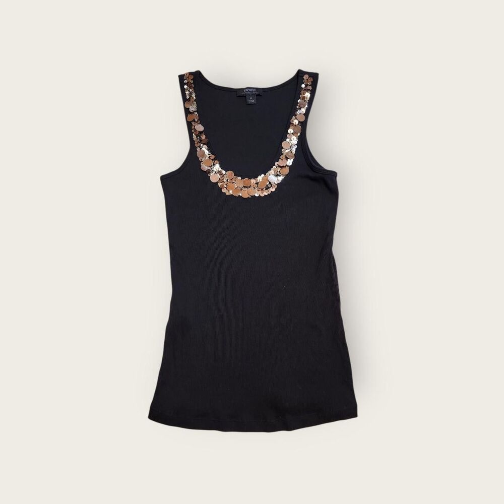 Vintage Y2k early 2000s Express black ribbed embellished neckline tank top